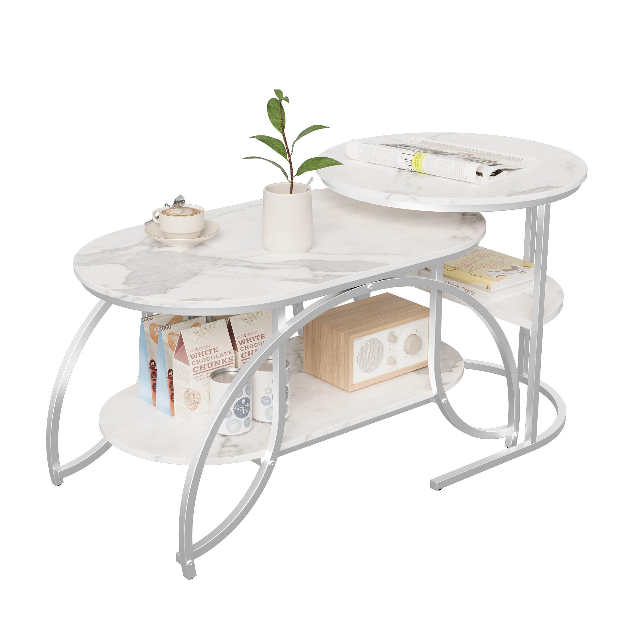 COUCHTISCH quadrat marmoroptik weiß silbergestell modern - Silberfarben, Metall (80/46/51cm) - SHOPENTRA
