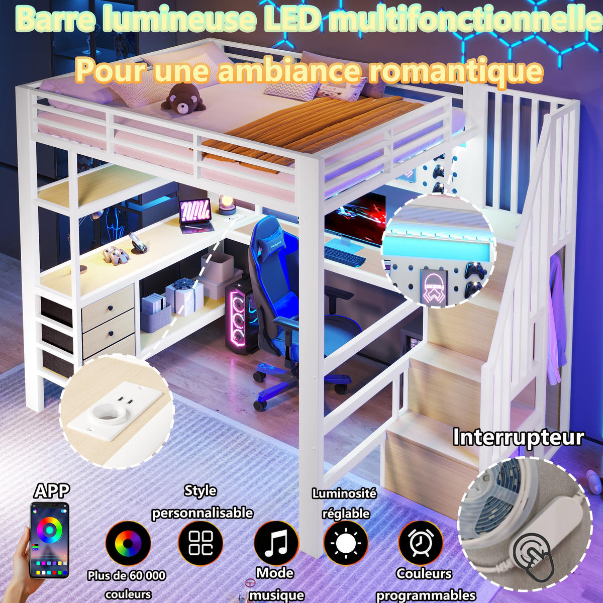 HOCHBETT mit LED und Schubladen Weiß 140x200 cm Metall - Weiß, Metall (140/200cm) - SONNENH