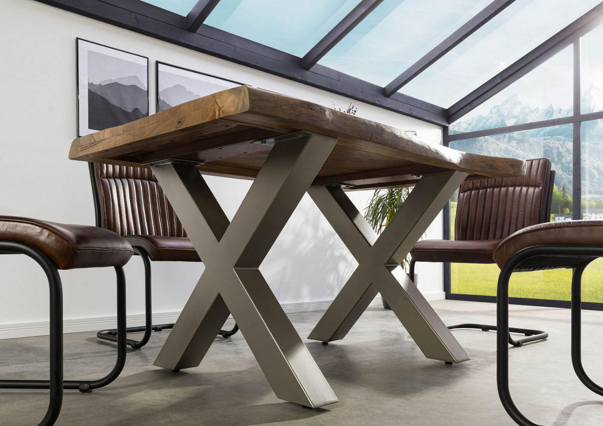 BAUMTISCH Mango 140x90x77 natur lackiert / X-Beine silber matt FREEFORM 5 - Naturfarben, Holz (140/90/77cm) - Massivmoebel24