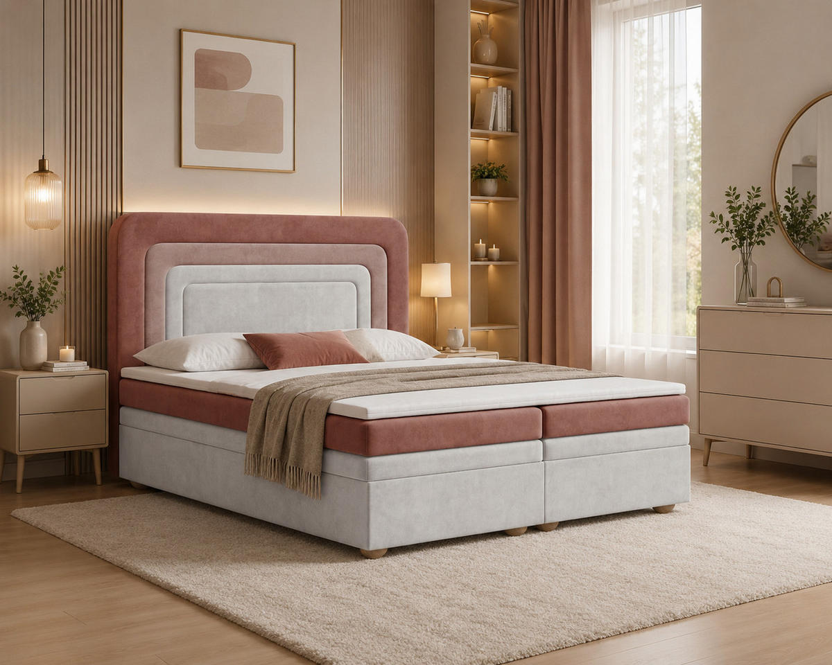 BOXBETT - Bett 10 NEST - Riviera - 140x200 cm - Modernes Polsterbett mit Bettkasten - Rosa, Holz (140/200cm) - ROYAL24_MARKT