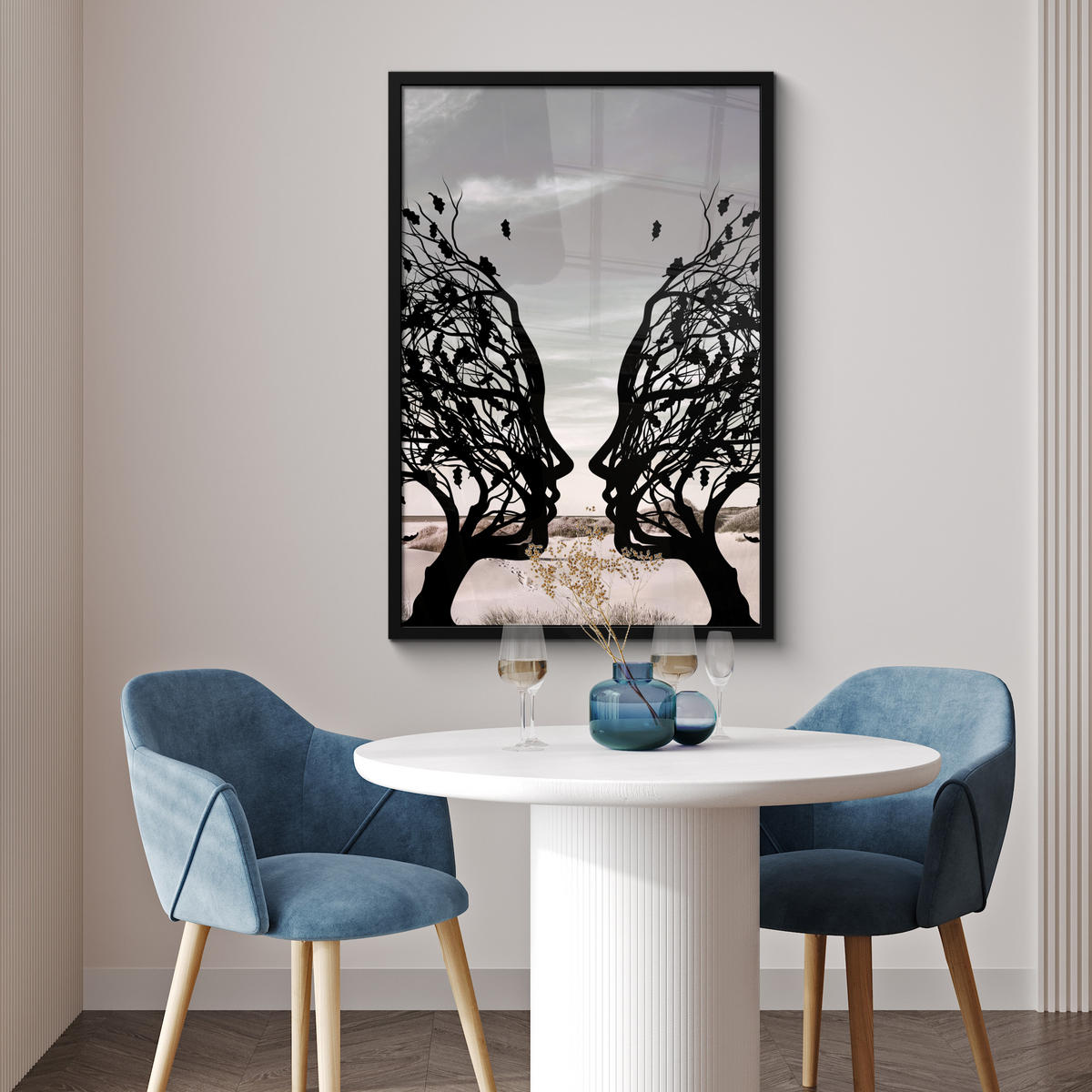 ZARÁMOVANÝ PLAGÁT Pláž - more - ľudia - strom - moderné umenie 60x90 cm - svetlosivá, papier (60/90cm) - MuchoWow