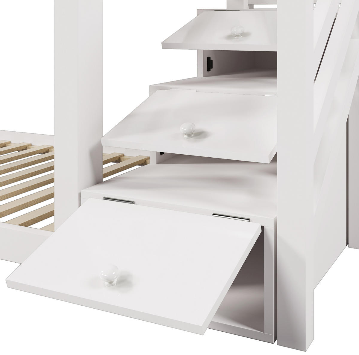 ETAGENBETT aus Kiefer-Massivholz und MDF 90x200 cm Weiß mit Stauraumtreppe und Tafel - Weiß, Holzwerkstoff (90/200cm) - IVMEU