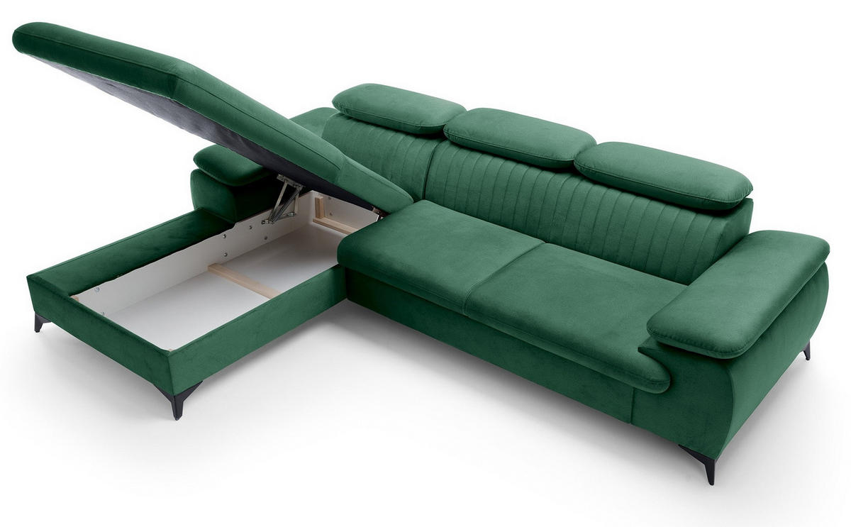 ECKSOFA 280 cm Xanto M, Schlaffunktion, verstellbaren Kopfstützen, Links, Grün - Grün, Holz (280/193cm) - Emporius