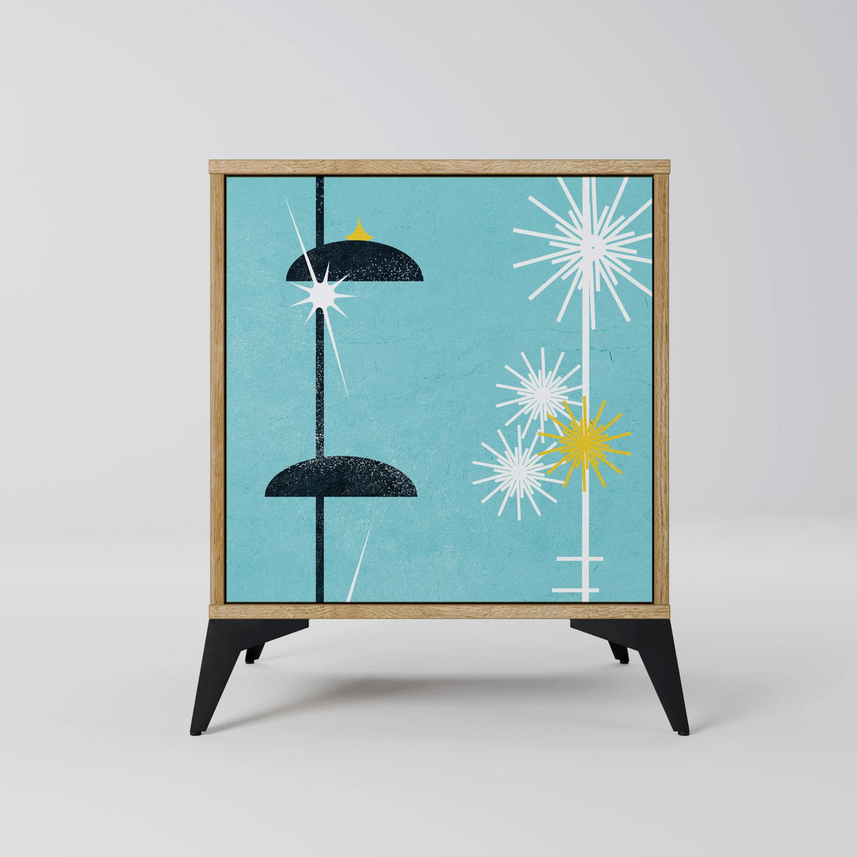 SIDEBOARD PATHS TO HAPPINESS, Eichefarben, 57,5x42x67,5 cm, Schwarze Metall-Rahmenfüße - Eichefarben/Multicolor, Holzwerkstoff/Metall (57.5/67.5/42cm) - SpaceRebels