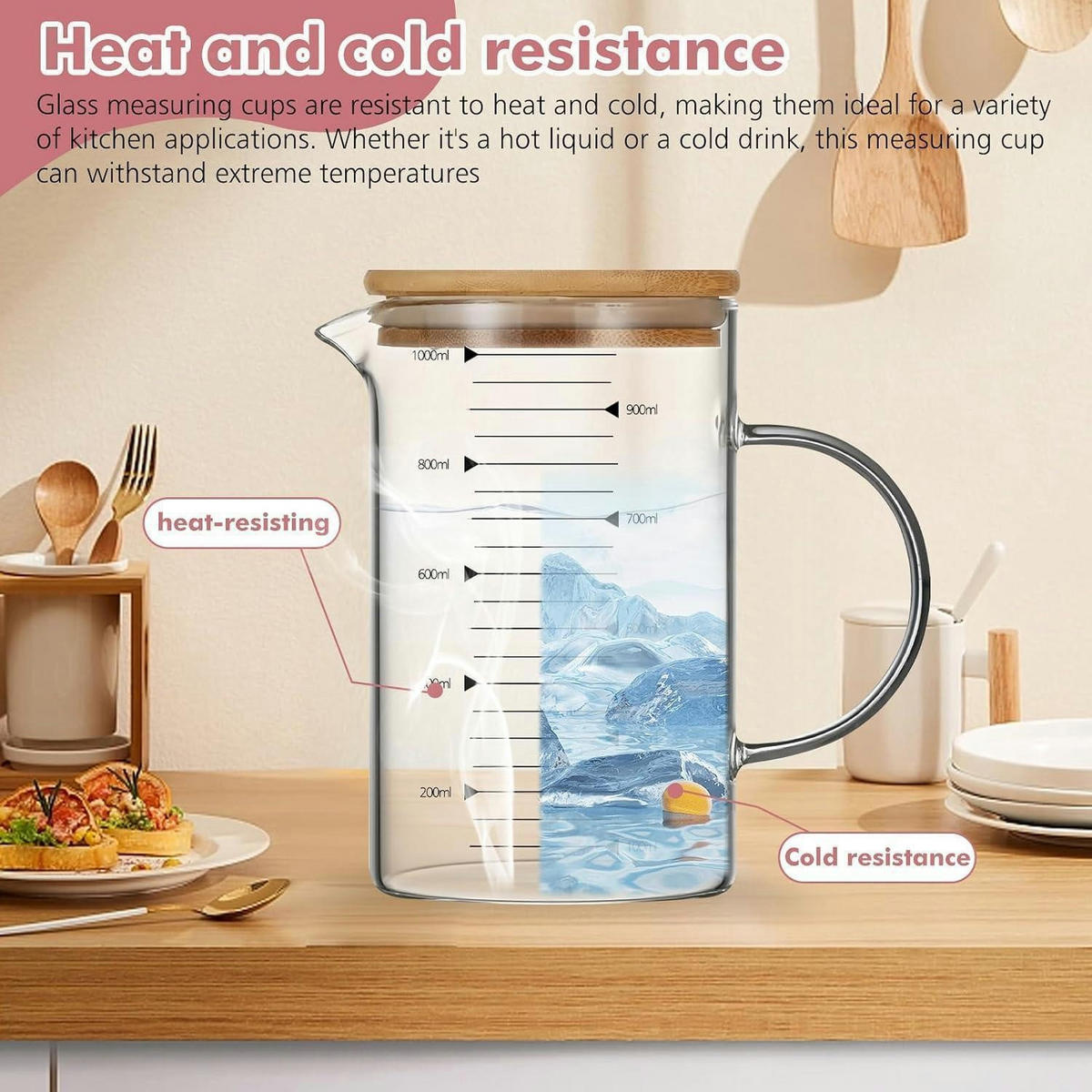 MESSBECHER Glas 1000ml mit Bambusdeckel - Transparent, Glas (1L)