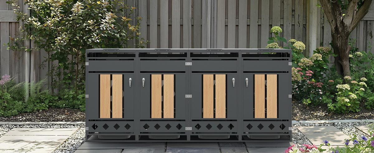 MÜLLTONNENBOX Klappdeckel 4 Türen Holzoptik vertikal - Grau, Metall (132/118.5/80cm) - LEBENLANG