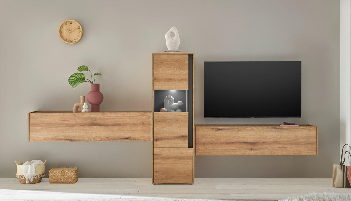 WOHNWAND Evoke Eiche, grau, Wohnkombination 3-teilig 350 cm, Set inklusive Beleuchtung - Eichefarben/Schwarz, Glas/Holzwerkstoff (350/155/40cm) - Furn.Design