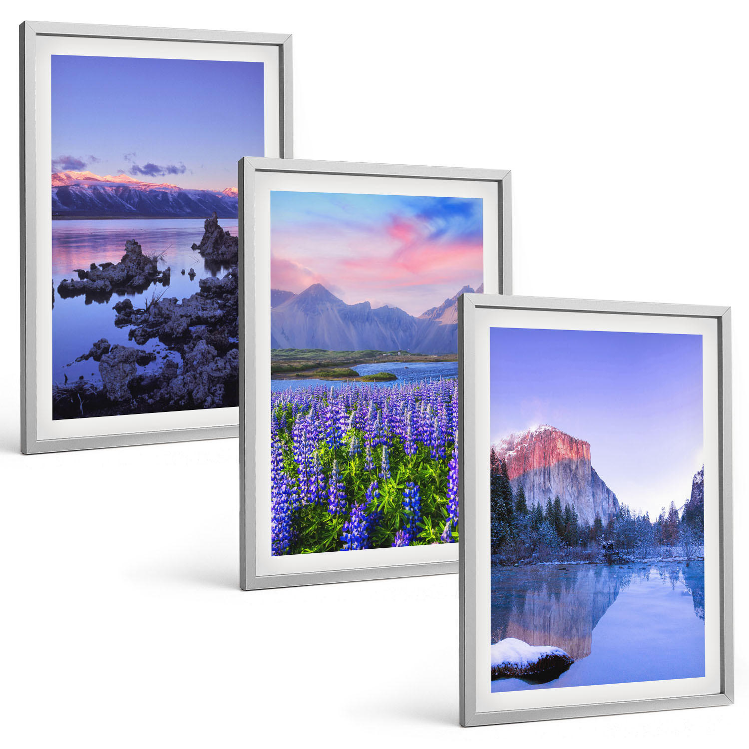 BILDER SET 3er Set - 40x60 cm Silberner Rahmen - Berglandschaften mit Wasser und Himmel - Silberfarben, Kunststoff (40/60cm) - TULUP