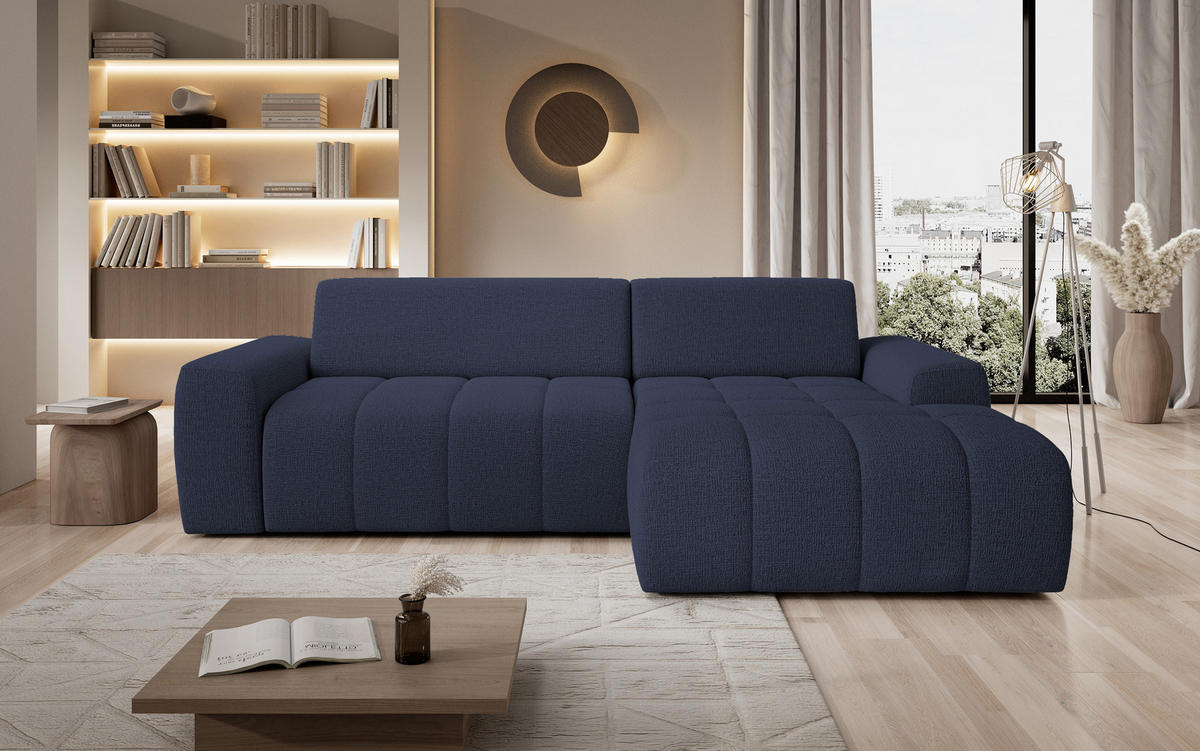 ECKSOFA Savio Freistehend, mit Abriebfestem Kansas-Stoff, Maße 265x172x81 cm, Ausziehbare Sitzfläche 206x92 cm, Rechte, – Blau - Blau, Holz/Textil (265/172cm) - DomoHome