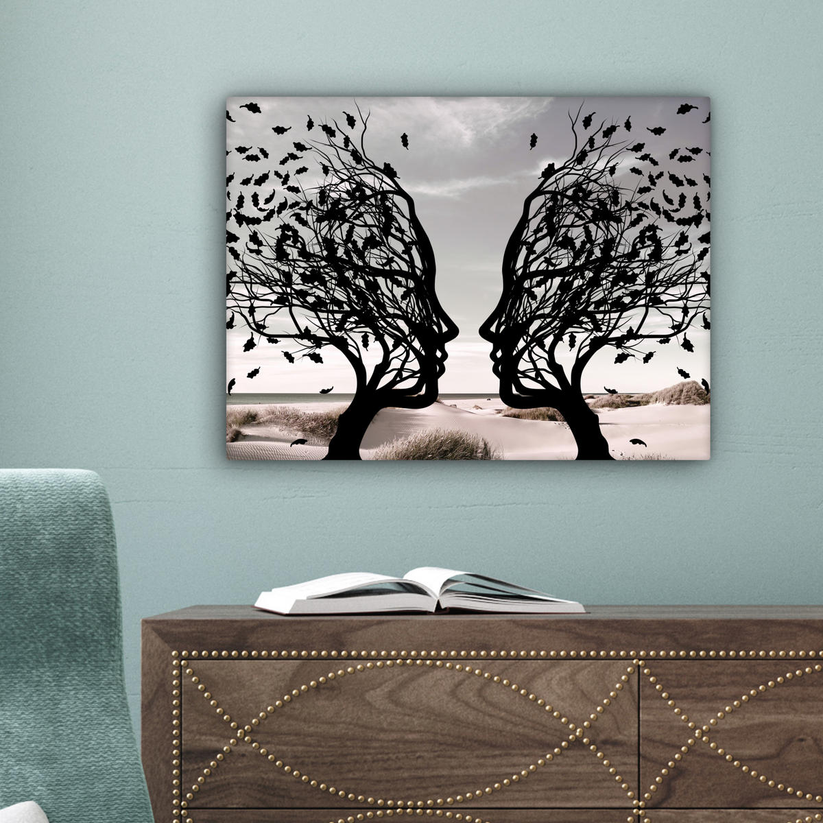 LEINWANDBILD Strand - Meer - Menschen - Baum - Moderne Kunst 40x30 cm - Hellgrau, Textil (40/30cm) - MuchoWow