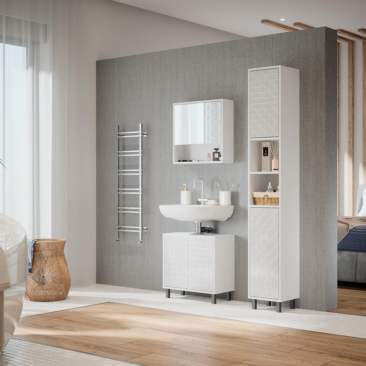 BADSCHRANK Agasta Weiß 30 x 190.3 cm - Weiß, Holzwerkstoff (30/190.3/28cm) - Vicco