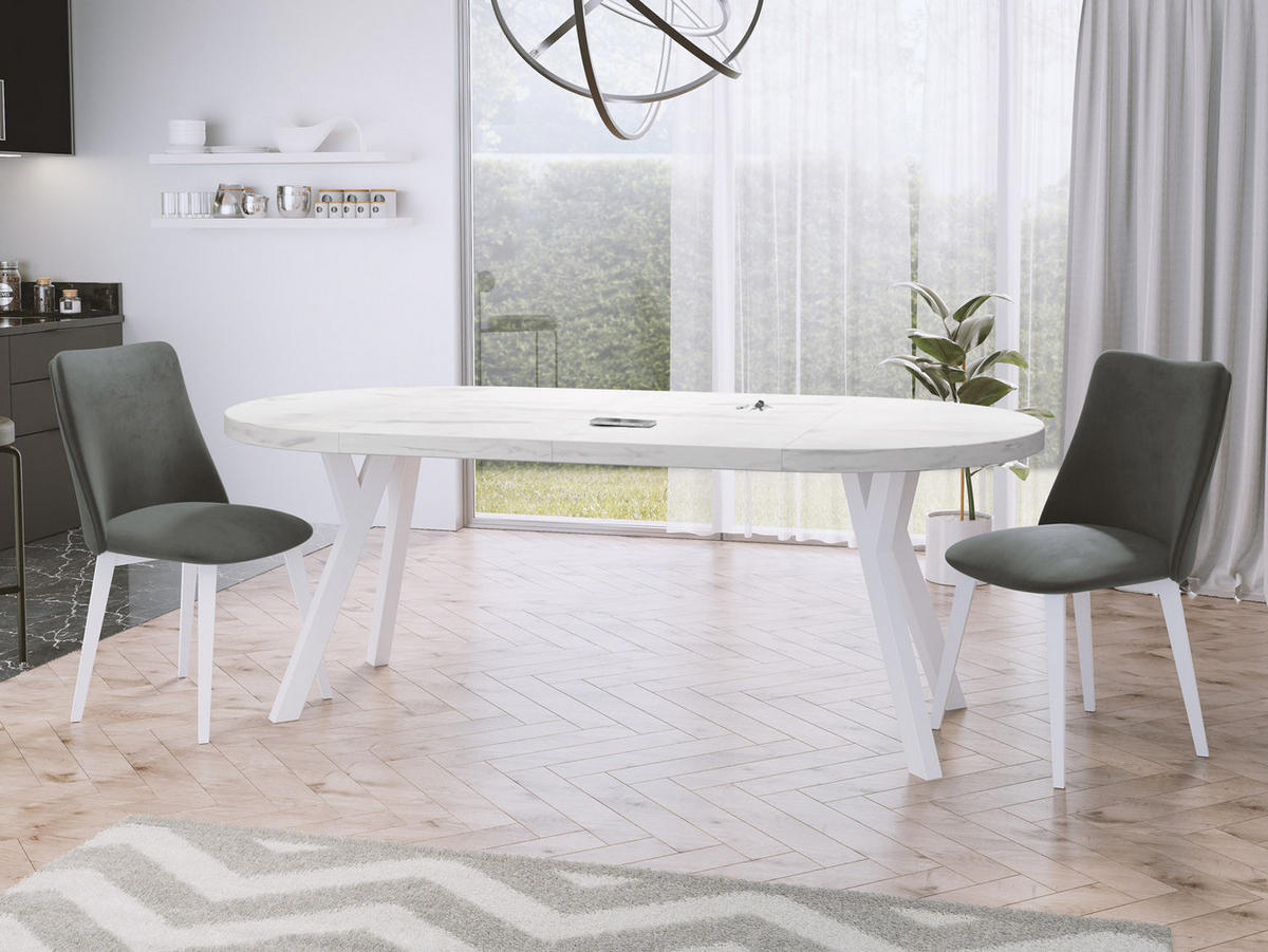 ESSTISCH Twixy runder ausziehbarer, Marmor Weiß 100-200/100/76 cm - Ecru/Weiß, Holz/Holzwerkstoff (100/100/76cm) - WFL GROUP