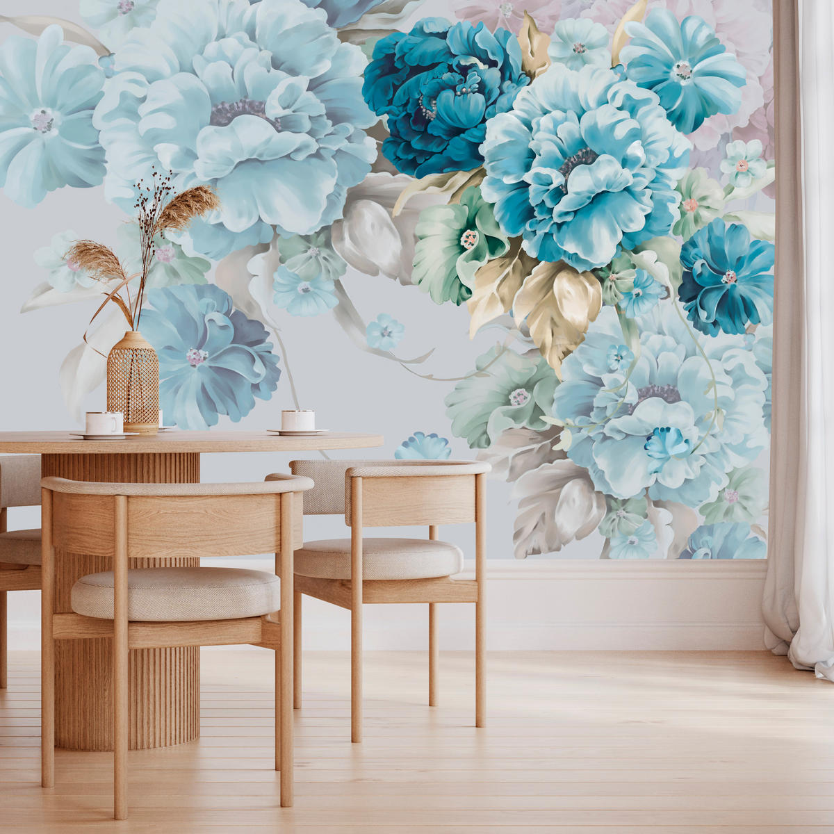 FOTOTAPETE für Schlafzimmer Blaue Pfingstrosen Zart Blumen Boho 450x315 - Blau/Gelb, Papier (450/315cm) - Muralo