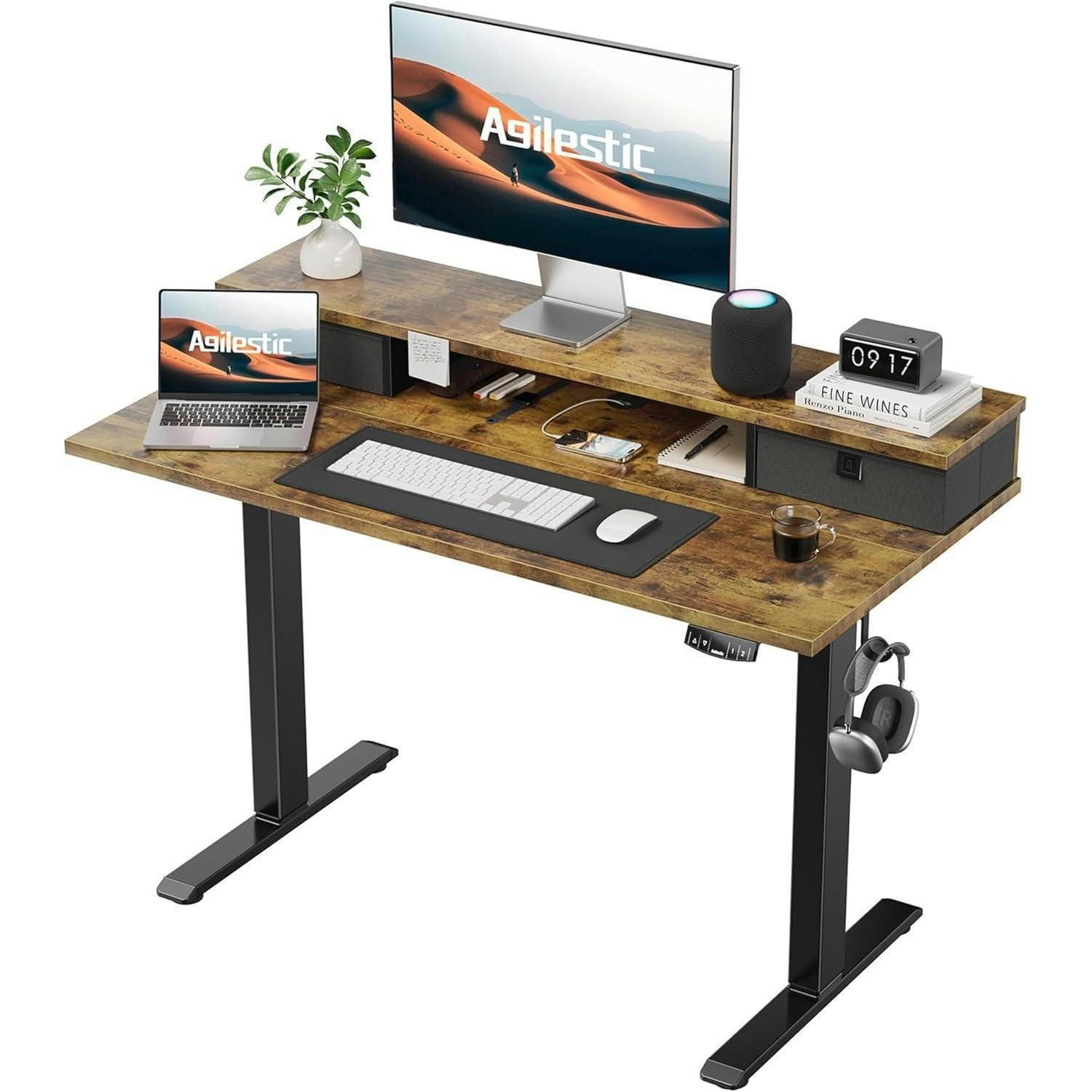 SCHREIBTISCH höhenverstellbar mit 2 Schubladen 100 x 60 cm Braun - Braun, Holzwerkstoff (100/60/75cm)