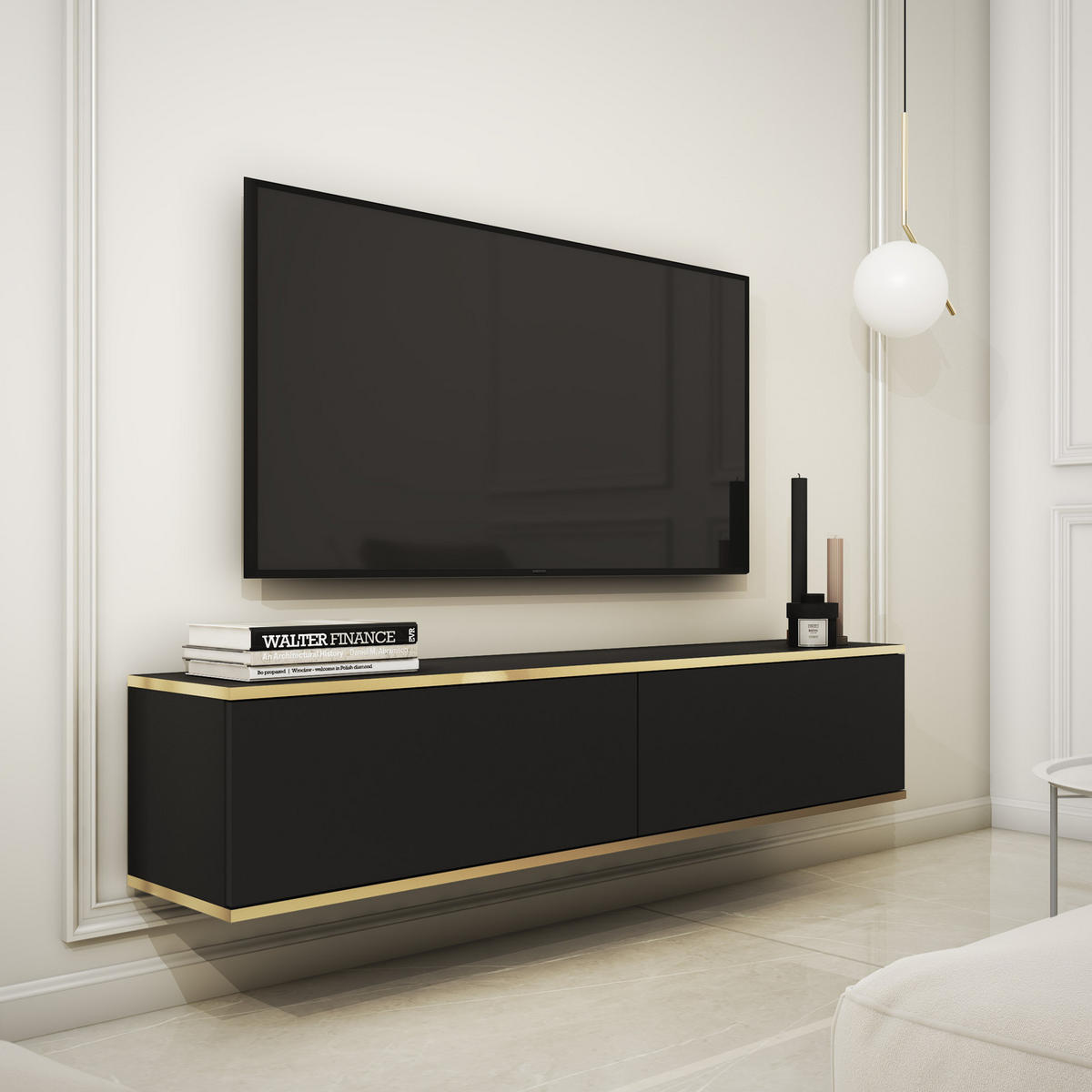 TV-LOWBOARD FORNO (Schwarz, Goldene Details, 2 Türen, 135 cm) - Schwarz, Holz/Holzwerkstoff (135/30/32cm) - Ravio