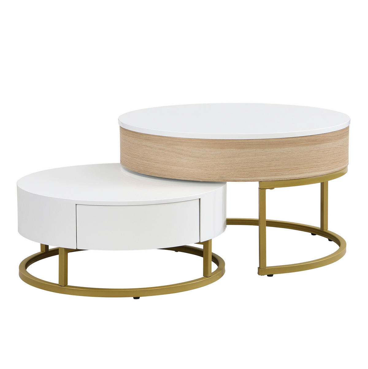 KONFERENČNÍ stolek, 70/70/56 + 60/60/27 cm bílý, MDF se zvedací deskou a zásuvkou - bílá, kompozitní dřevo (70/70/56.5cm) - BEAOK