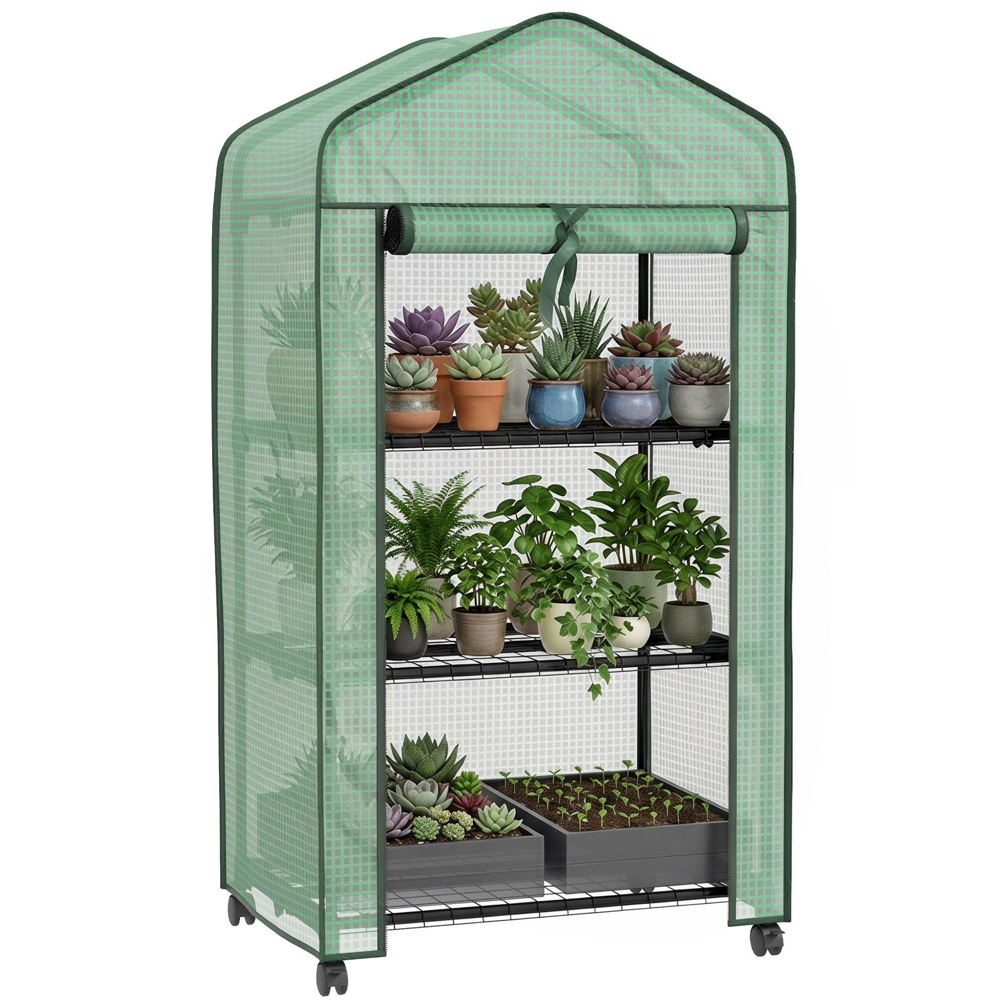 GEWÄCHSHAUS DE-11963 3 Etagen mit Rollen Transparent - Grün, Kunststoff (49/130/69cm) - ComfortXL