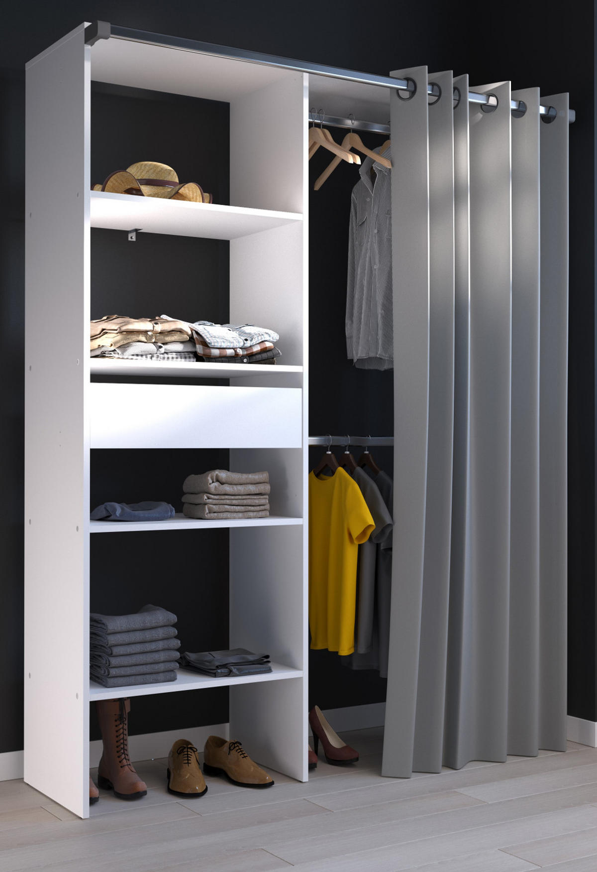 KLEIDERSCHRANK weiß, grau, Mehrzweckschrank 143 cm mit Vorhang - Weiß/Grau, Holzwerkstoff/Textil (143/182/48cm) - Parisot Meuble