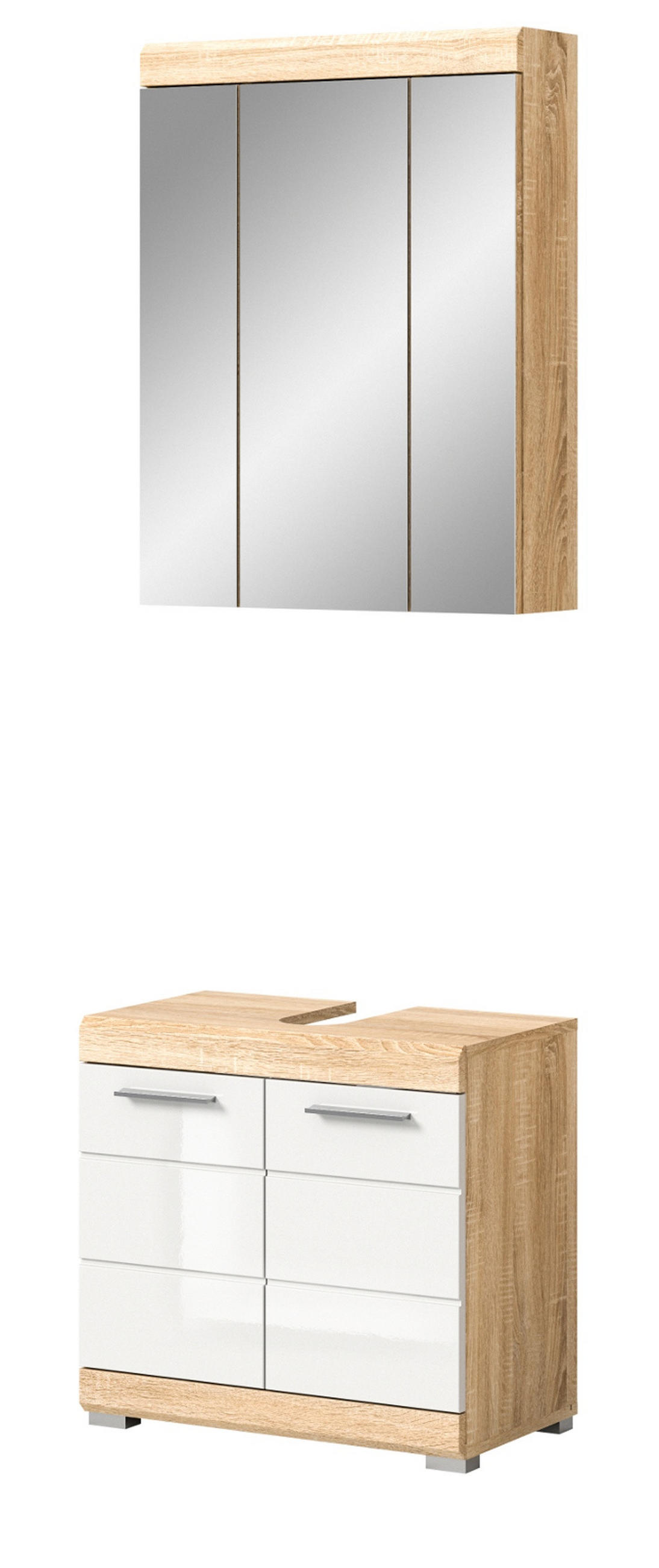 BADMÖBEL-SET weiß Hochglanz, Eiche 2-teilig 60 cm, Kombination mit 11 Fächern - Weiß Hochglanz/Eichefarben, Holzwerkstoff (60/191/34cm) - Inn.Furn