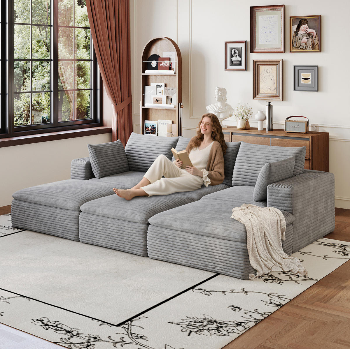 3-SITZER aus Stoff 260 cm Grau modular mit Schaumstoffkern und flexibel kombinierbaren Elementen - Grau, Textil (260/60/160cm) - Modfu