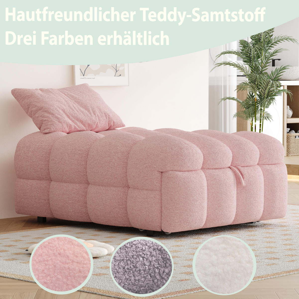 SCHLAFSOFA 183/76/42 cm Rosa 2-in-1 Schlafsofa aus Teddy-Stoff mit Fußhocker - Rosa, Textil (76/42/183cm) - OKWISH