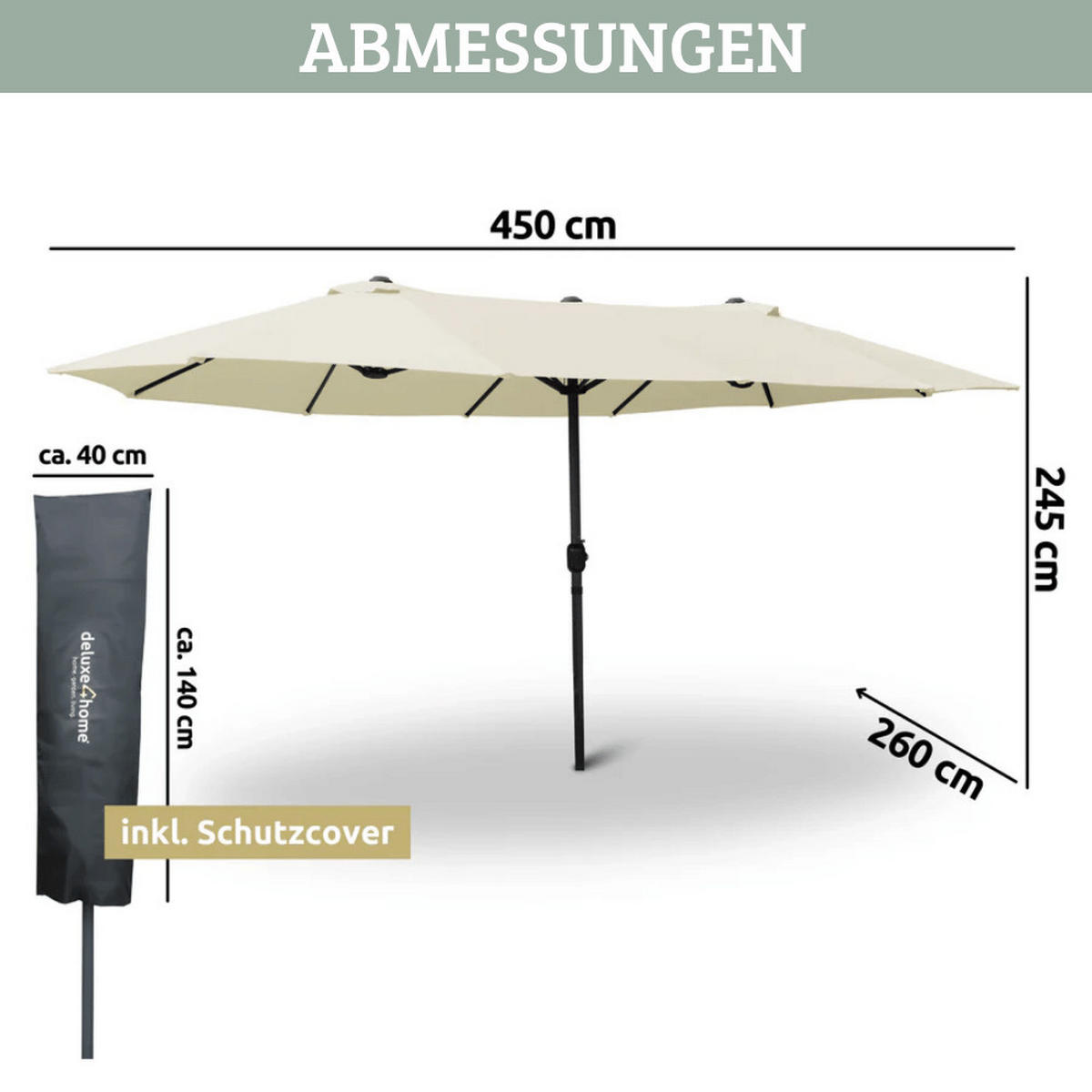 DOPPELSONNENSCHIRM 450x260cm KOGO XXL Sonnenschirm Creme - Creme, Kunststoff (450/260cm) - DELUKE