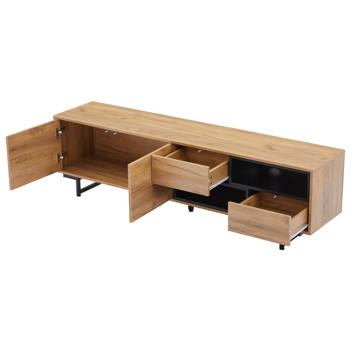 TV-LOWBOARD aus Spanplatte 173x38x48 cm Holzfarben mit Stauraum, Kabeldurchlass und offenen Fächern - Naturfarben, Holzwerkstoff (173/48/38cm) - Modfu