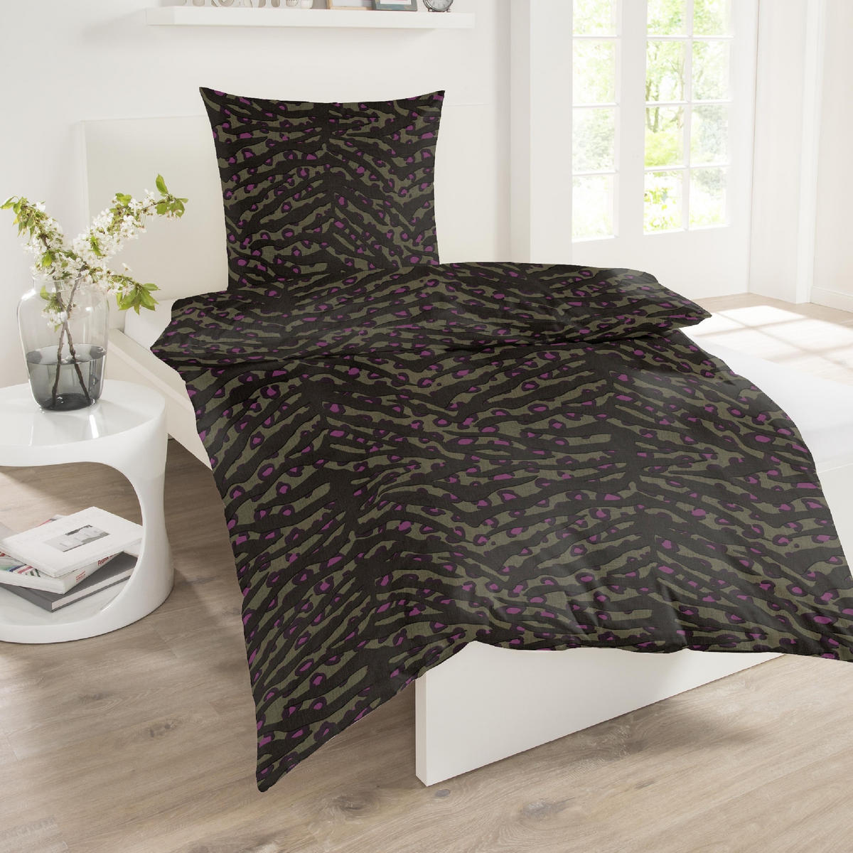 BETTWÄSCHESET Roan - Baumwollsatin - 2-teilig - 135 x 200 cm - Schwarz-Oliv - Olivgrün, Textil (135/200cm) - SCHIESSER