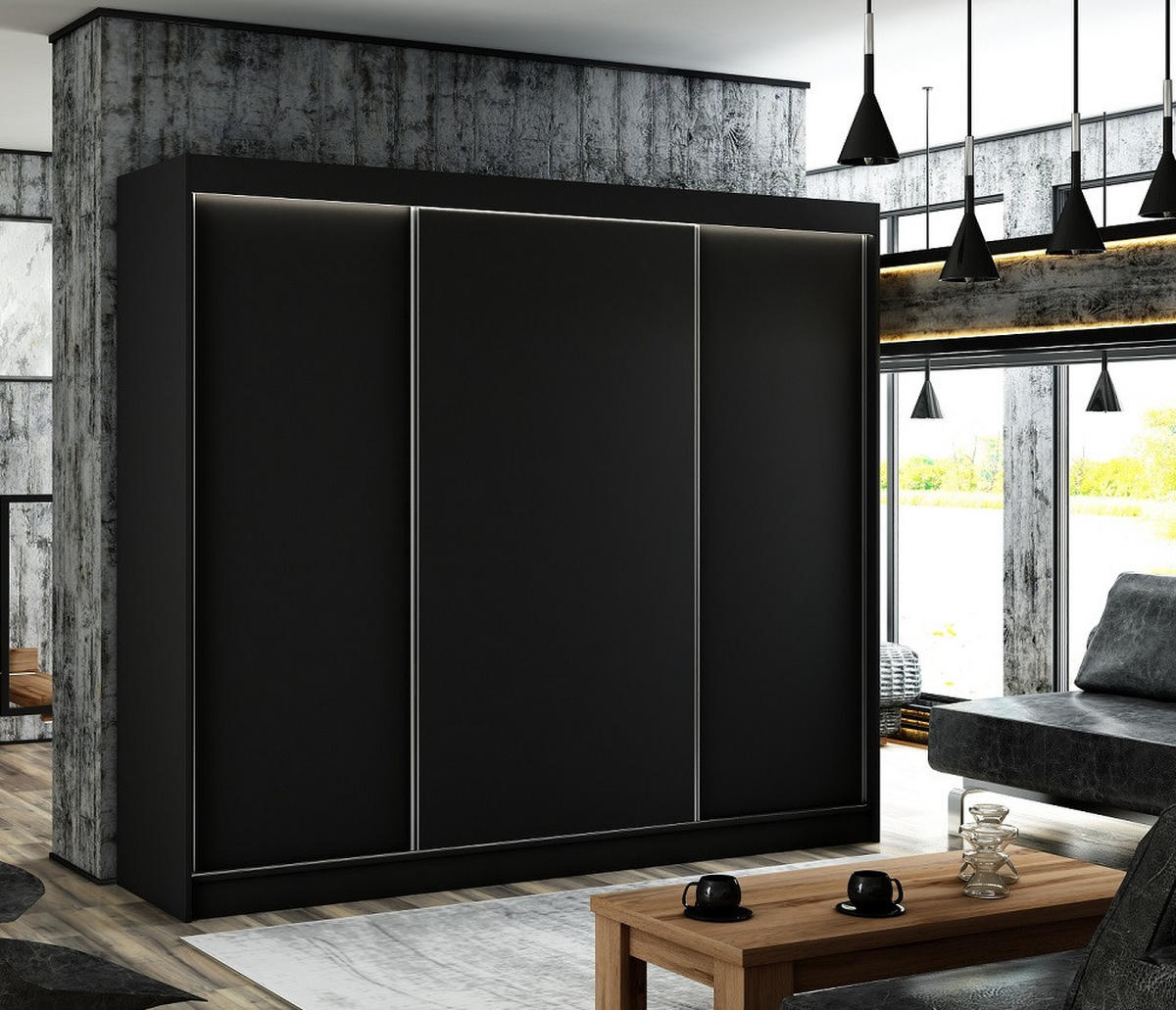 SCHRANK Schwarz BERGO Schiebetür 250 cm - Schwarz, Holzwerkstoff (250/215/61cm) - Sepro Meble