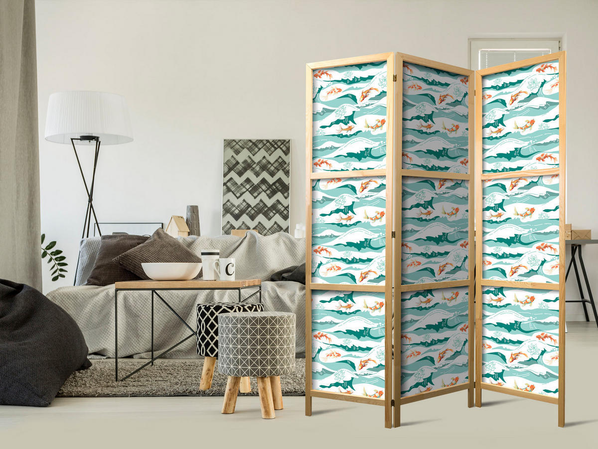 PARAVENT Japanischer 3-tlg 135x172 cm Fische Blumen Meereswellen - Blau, Holz/Textil (135/172/3cm) - Muralo