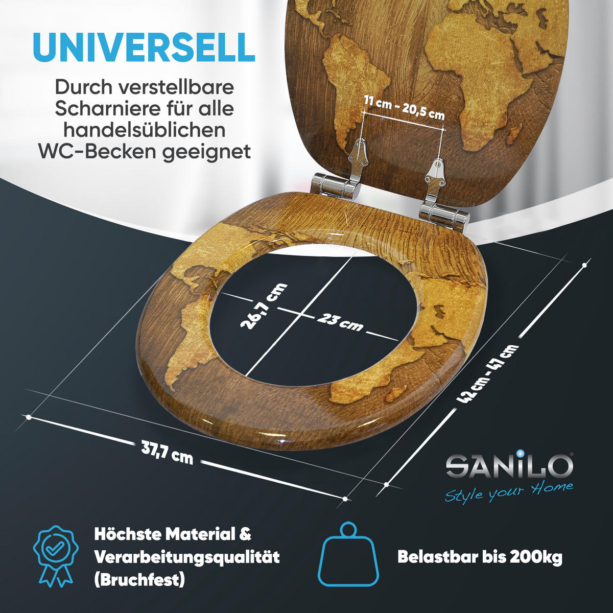 WC-SITZ mit Absenkautomatik World Map - Braun, Holzwerkstoff (38/6/47cm) - Sanilo