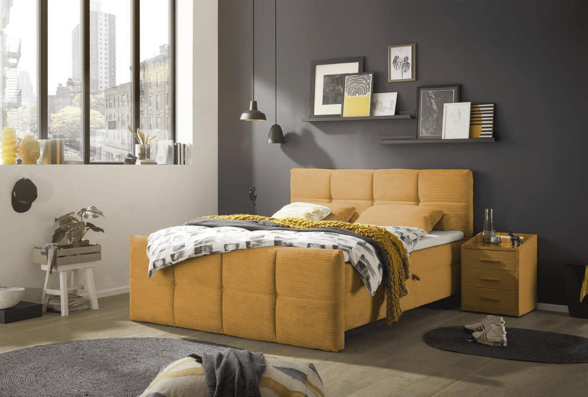 BOXBETT Breitcord, 7-Zonen-Tonnentaschen-Federkernmatratze, HR-30 Topper, Bettkasten - Gelb/Schwarz, Holz/Kunststoff (180/200cm) - ed exciting design