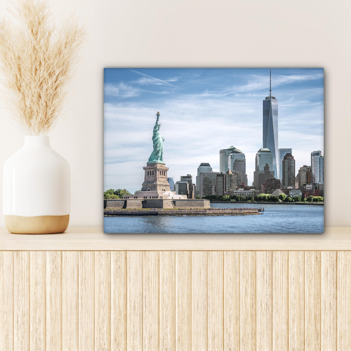 LEINWANDBILD New York - Freiheitsstatue - Wasser Wandbild 40x30 cm - Hellblau, Textil (40/30cm) - MuchoWow