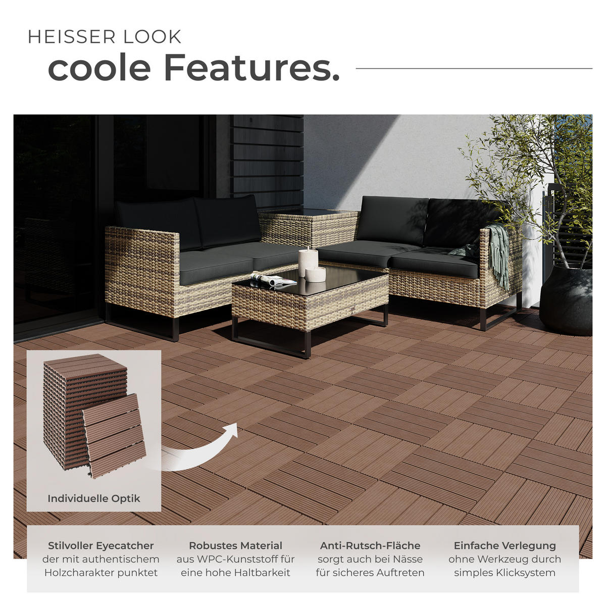 TERRASSENFLIESEN Tegulas,31 x 31 x 2,2 cm,braun - Braun, Kunststoff (31/31/2.2cm) - tectake