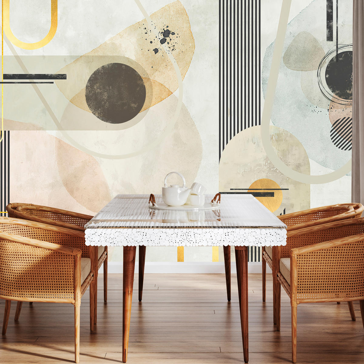 FOTOTAPETE für Wohnzimmer Geometrische Kreise Streifen Glamour 450x315 - Gelb/Beige, Papier (450/315cm) - Muralo