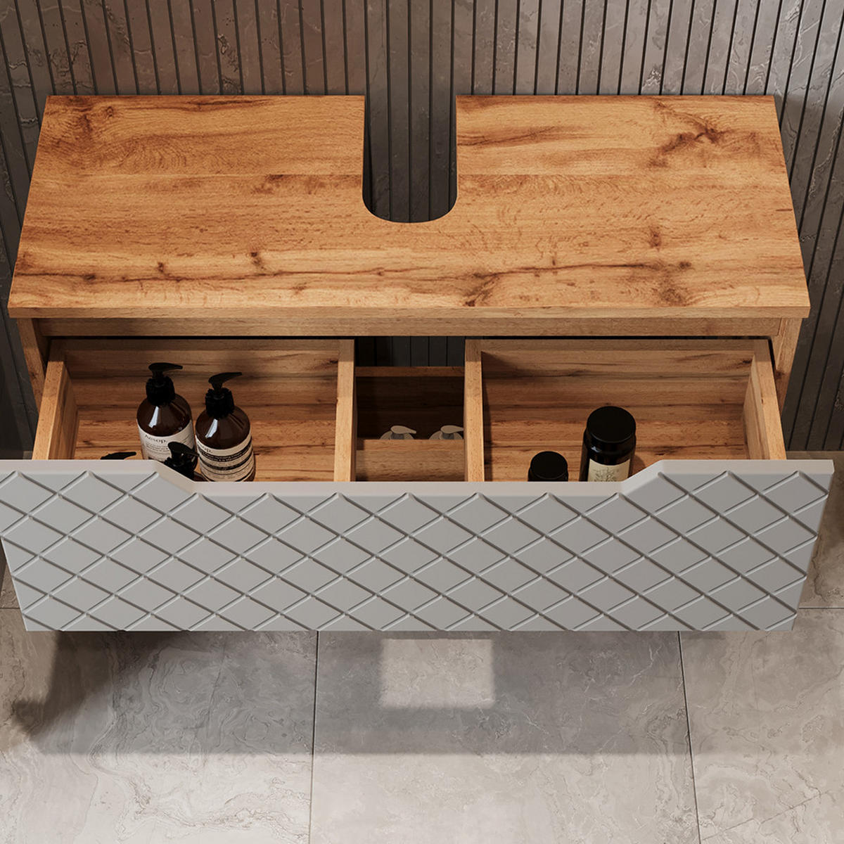 WASCHBECKENUNTERSCHRANK Lotta Eiche/Grau mit Kachelstruktur 79.6 x 62.5 cm mit 2 Schubladen - Eichefarben/Grau, Holzwerkstoff (79.6/62.5/32cm) - Vicco