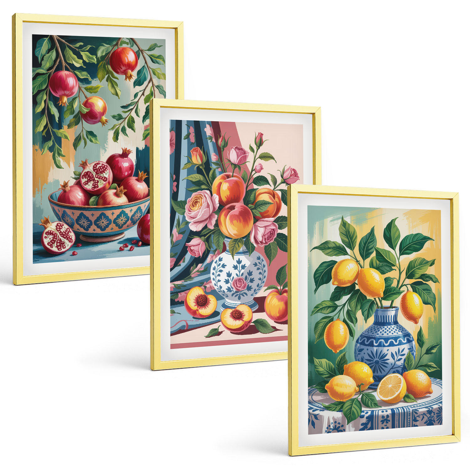 BILDER SET 3er Set - 40x60 cm Goldrahmen - Blumen und Früchte in Vasen - Goldfarben, Kunststoff (40/60cm) - TULUP