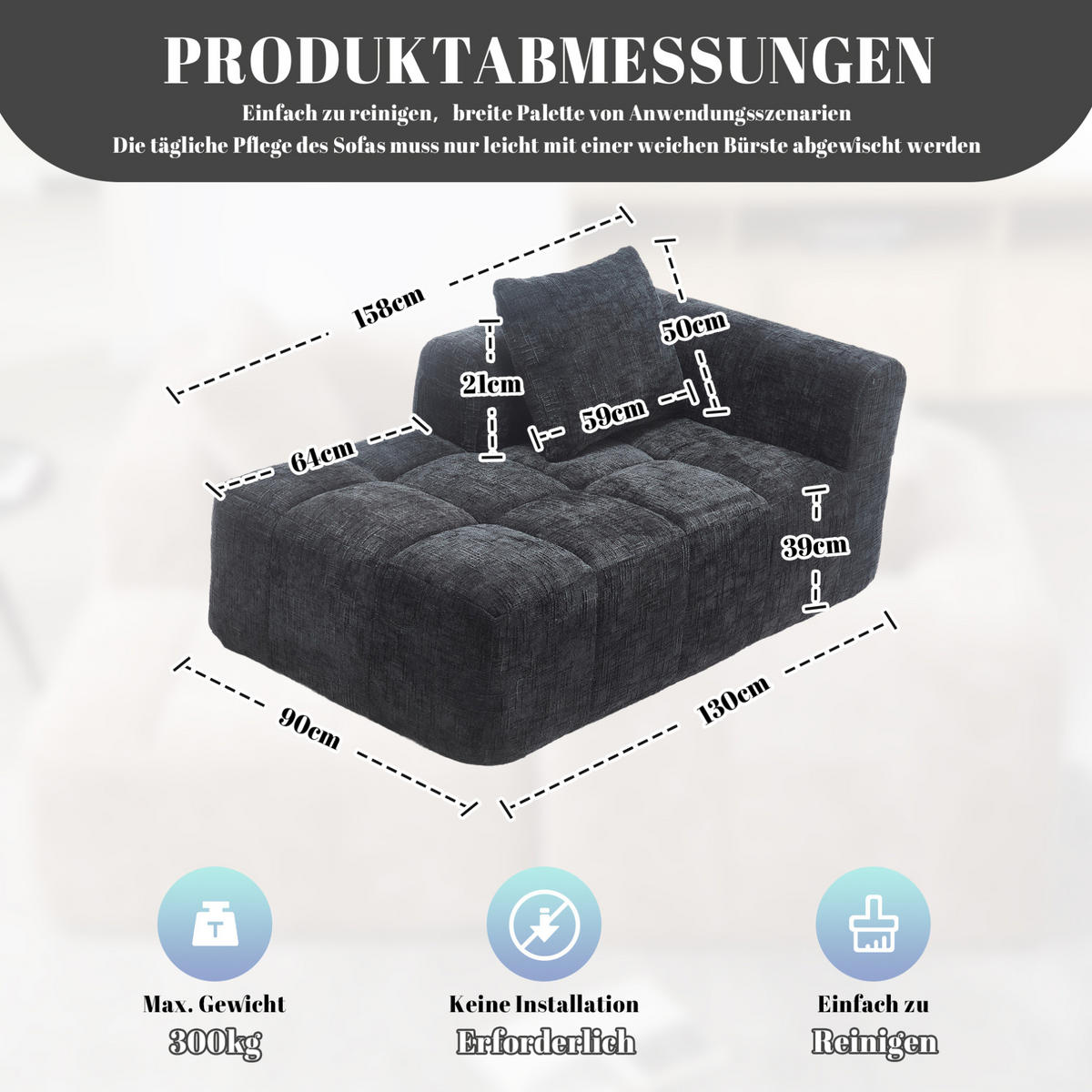 SOFA Chaiselongue 158 x 90 x 60 cm Chenille Black mit Seitentaschen - Schwarz, Kunststoff (90/60/158cm) - Meubliv