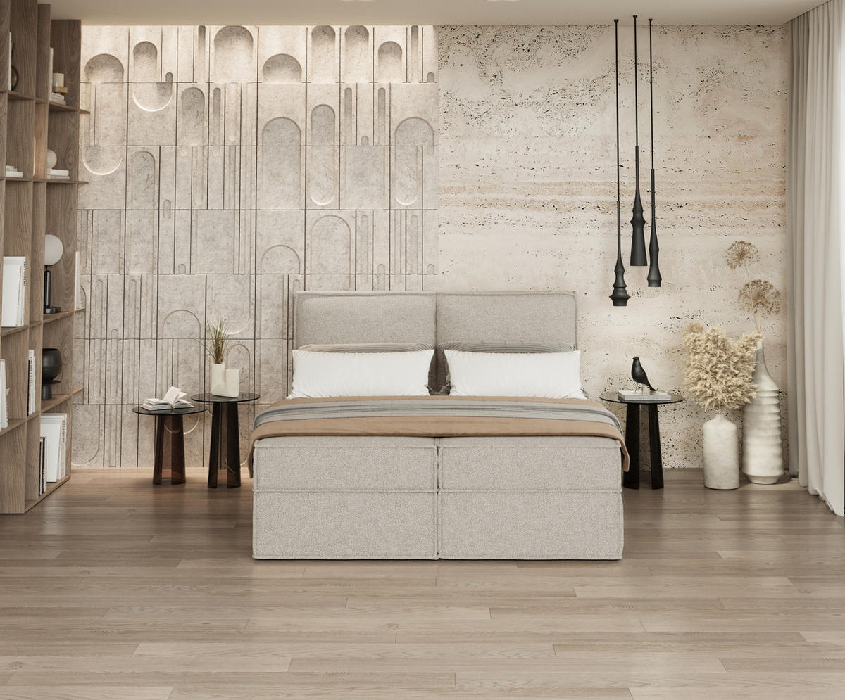 BOXBETT Bergen Hellbeige 140/200 cm mit Matratze - Beige/Schwarz, Holz/Holzwerkstoff (140/200cm) - Maison de Reve
