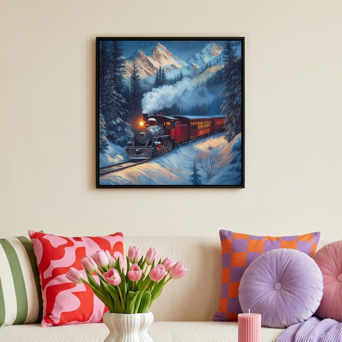 LEINWAND Bilder mit Rahmen - Zug - Weihnachten - Schnee - Weihnachtszug - 50x50 - Anthrazit, Textil (50/50cm) - MuchoWow