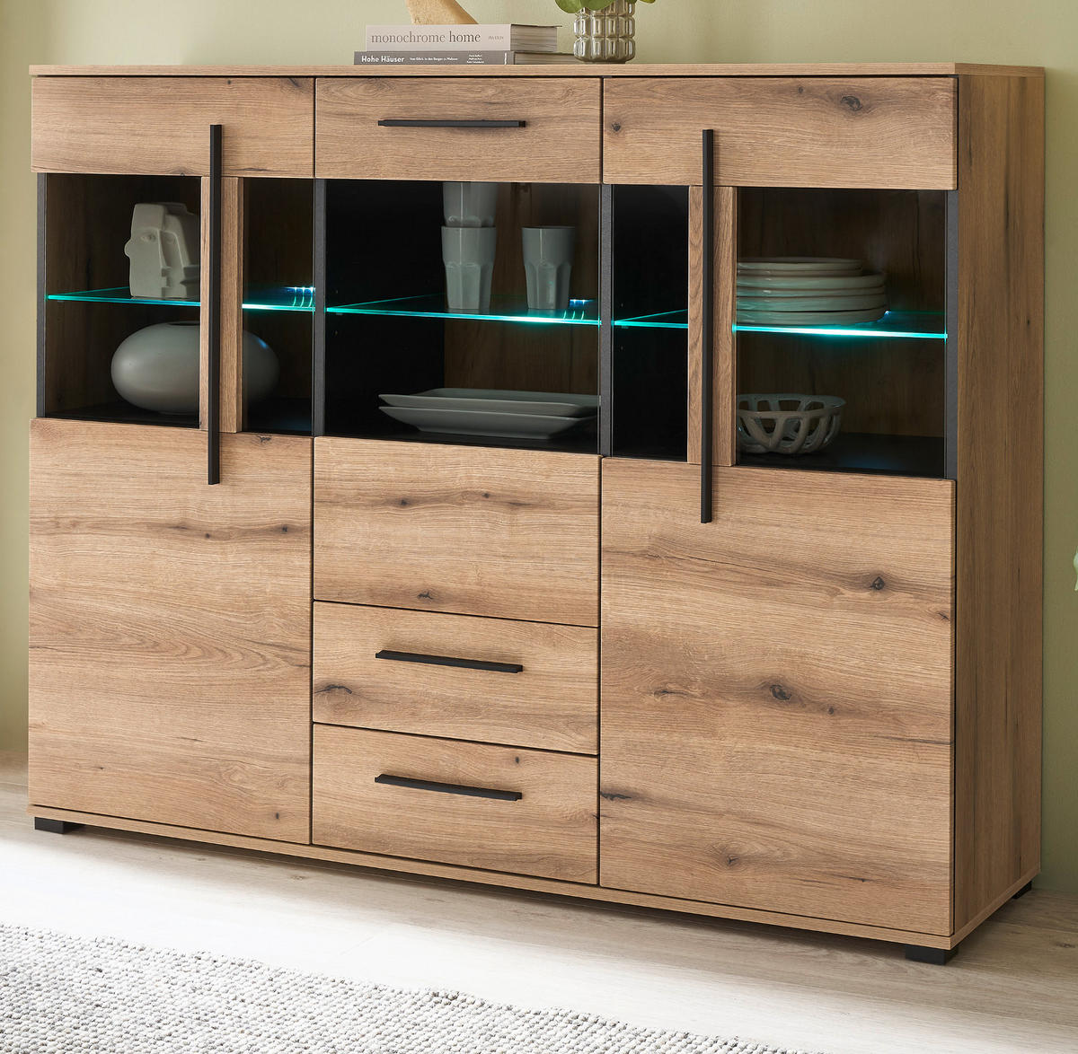 HIGHBOARD Eiche Evoke, Anrichte 160 cm mit Beleuchtung - Eichefarben/Schwarz, Glas/Holzwerkstoff (160/126/42cm) - Furn.Design