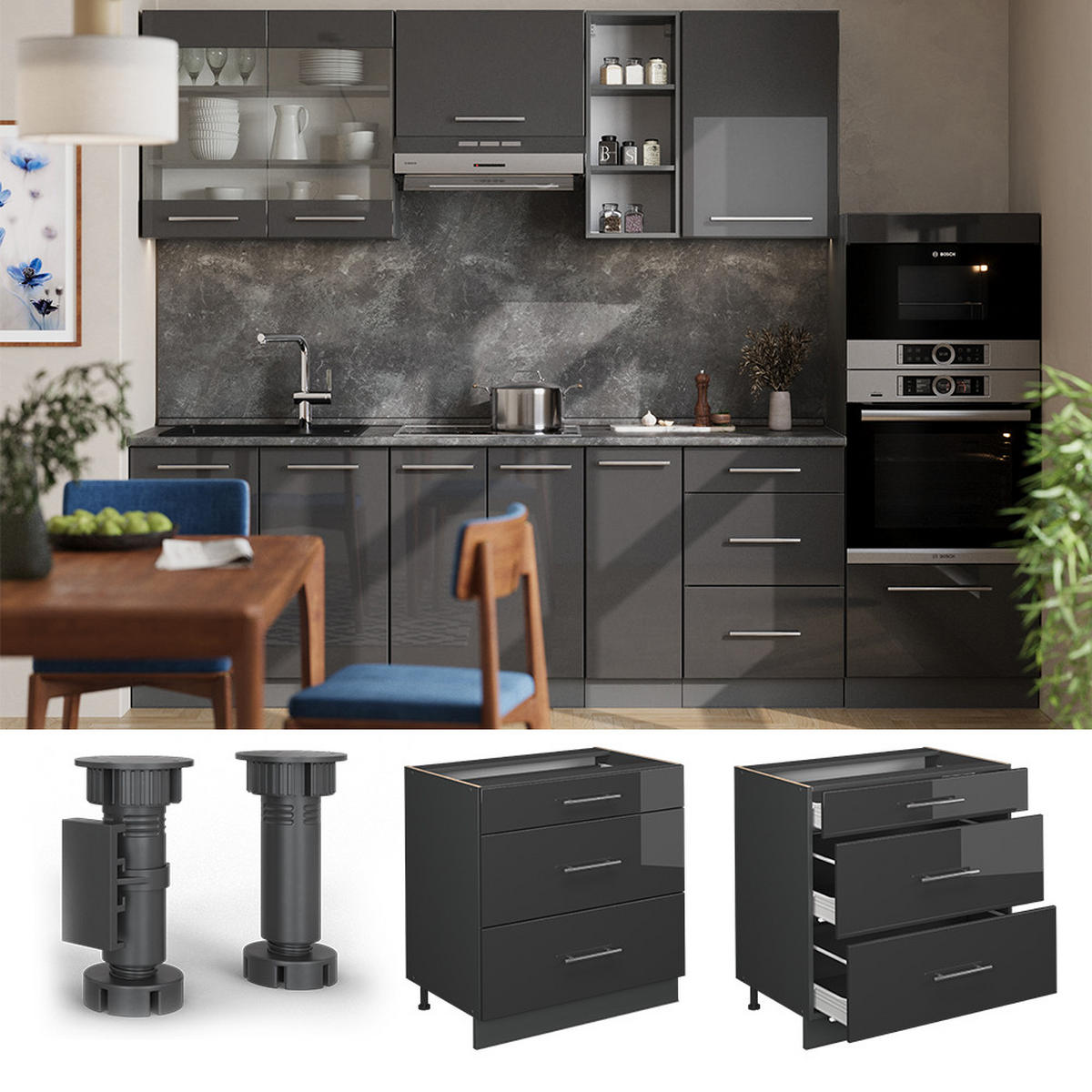 Schwarz Hochglanz/Anthrazit, Holzwerkstoff (80/82/60cm) - Vicco