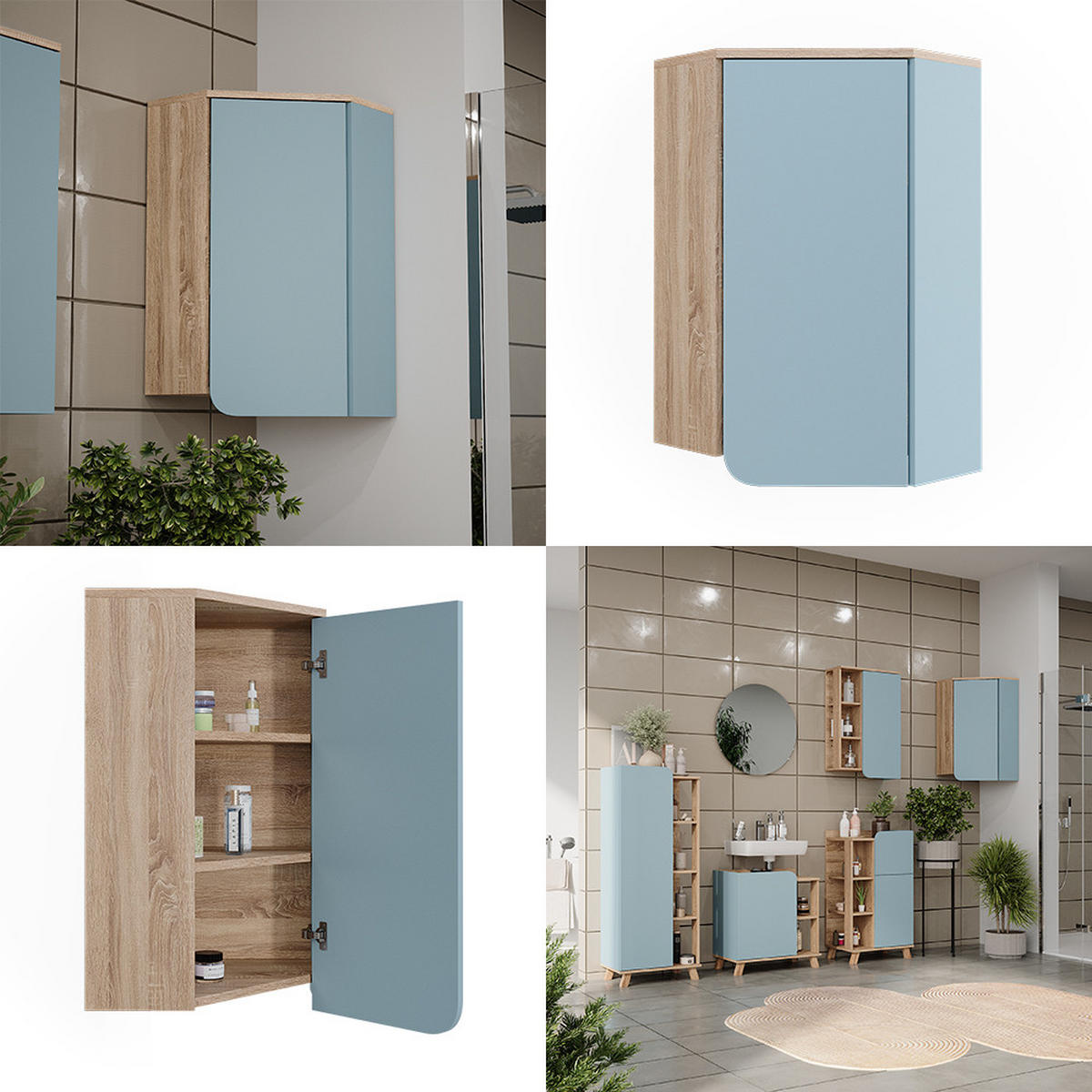 BADSCHRANK Karen Blau-Grau 42.4 x 75 cm mit Tür und offenen Fächern - Dunkelblau/Sonoma Eiche, Holzwerkstoff (42.4/75/42.4cm) - Vicco