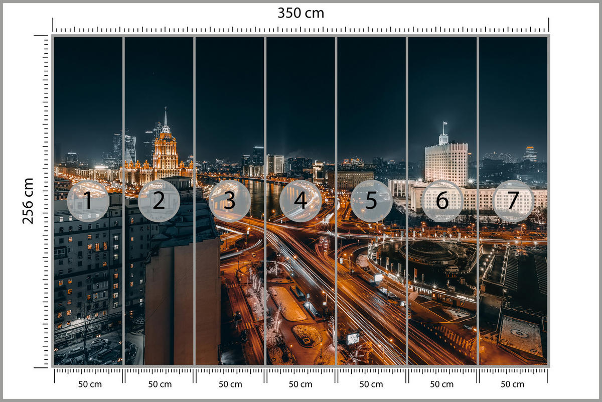 FOTOTAPETE für Wohnzimmer Moskau Nacht Panorama Metropole Straßen 350x256 - Beige/Schwarz, Papier (350/256cm) - Muralo