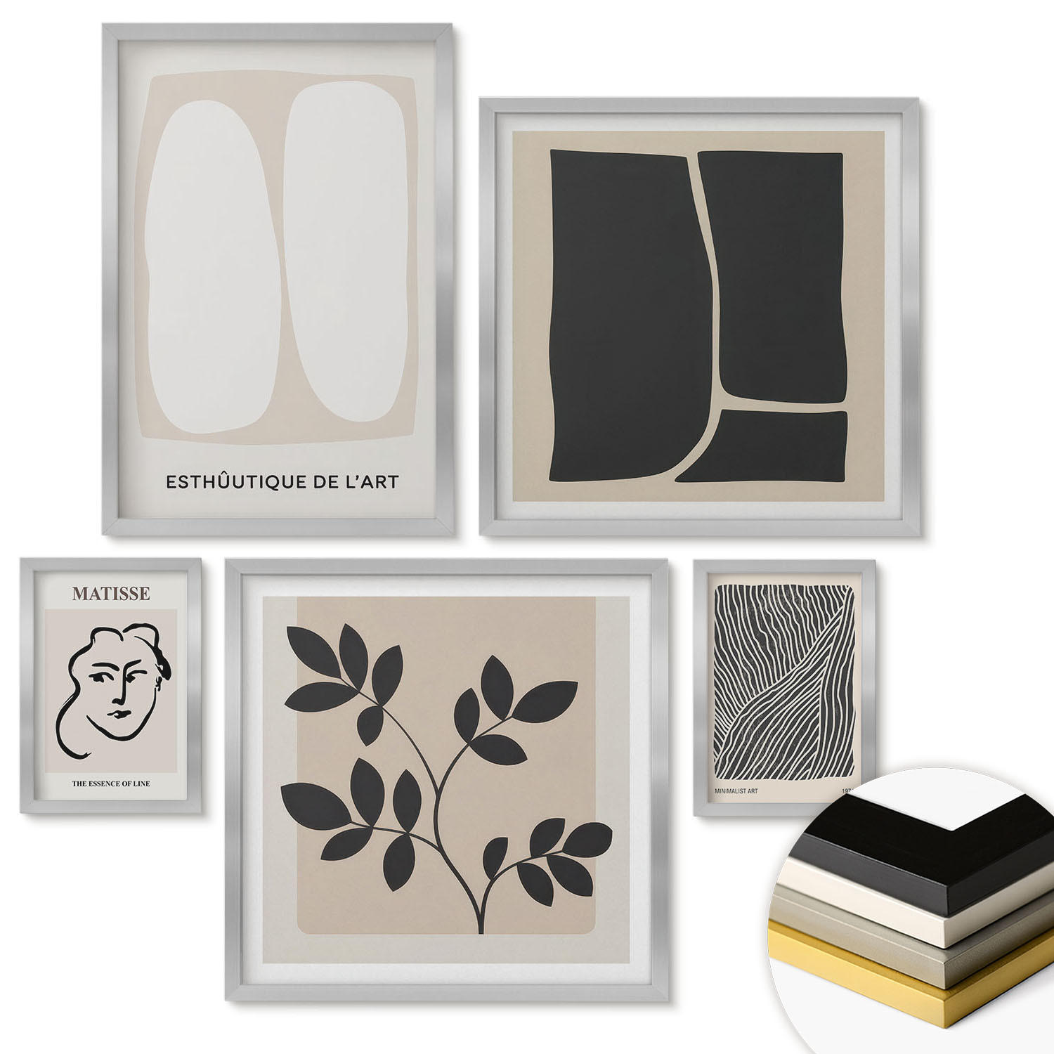 WANDBILDER 5er Set - 50x50 cm & 20x30 cm & 40x60 cm Silberner Rahmen - Minimalistische Pflanzenmuster - Silberfarben, Kunststoff (40/60cm) - ArtPrintCave