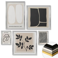 WANDBILDER 5er Set - 50x50 cm & 20x30 cm & 40x60 cm Silberner Rahmen - Minimalistische Pflanzenmuster - Silberfarben, Kunststoff (40/60cm) - ArtPrintCave
