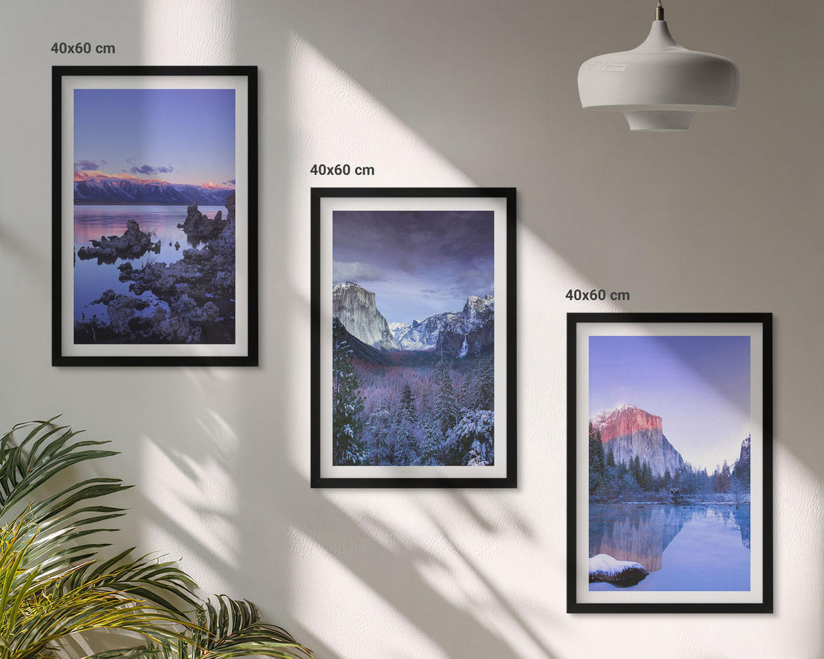 BILDER SET 3er Set - 40x60 cm Schwarzer Rahmen - Berglandschaften, Sonnenuntergang, Wasser - Schwarz, Kunststoff (40/60cm) - TULUP
