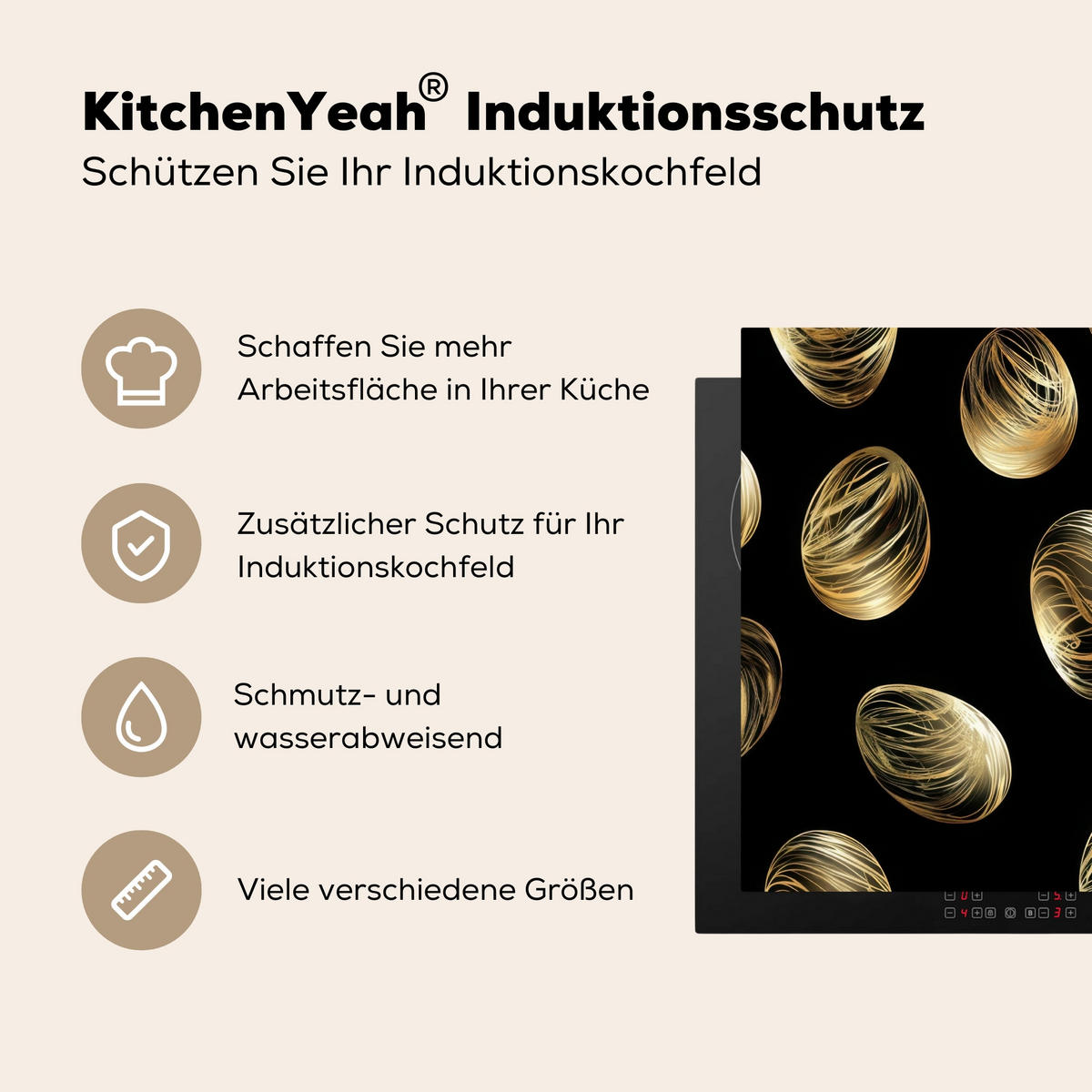 HERDABDECKPLATTE Eier - Gold - Muster Induktionsmatte 77x59 cm - Schwarz, Kunststoff (77/59/0.2cm) - MuchoWow