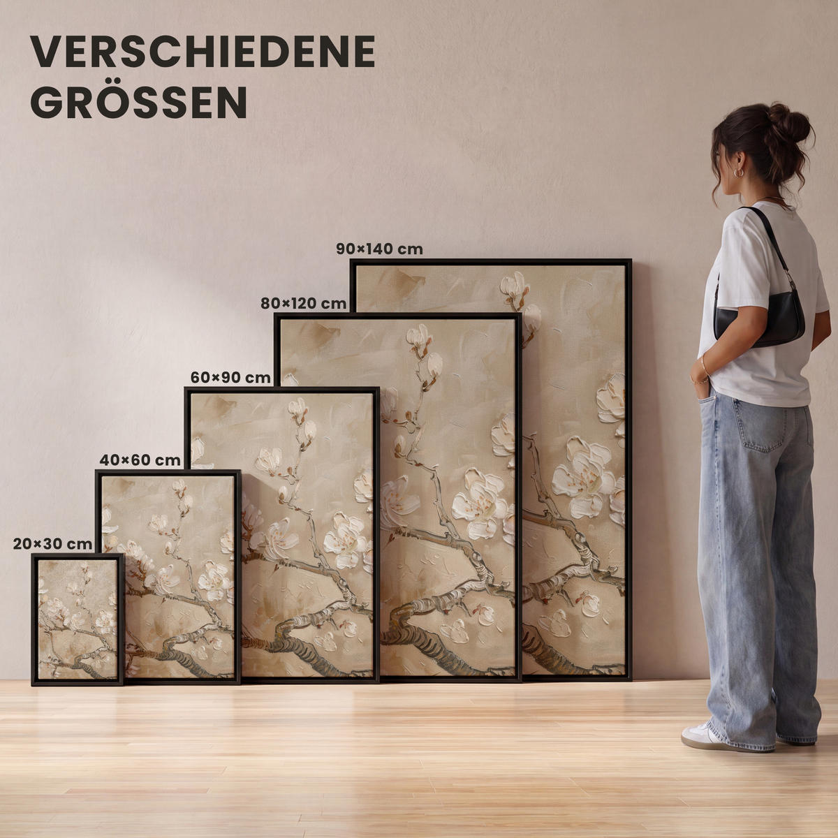 LEINWAND Bilder mit Rahmen - Blumen - Modern - Beige - Weiß - Blüte - 100x150 - Beige, Textil (100/150cm) - MuchoWow