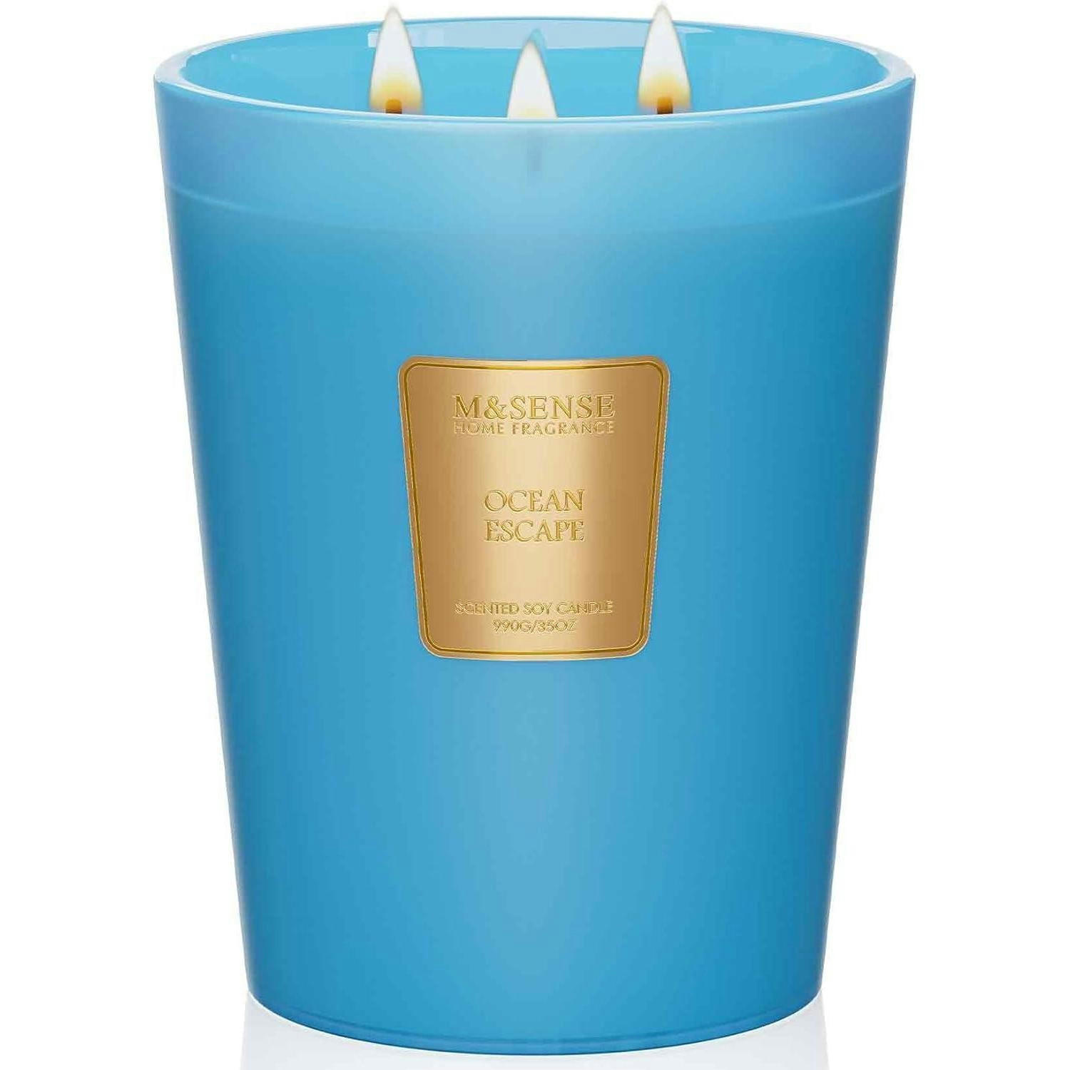 DUFTKERZE im Glas Ozean Meersalz 3 Dochte 990g - Blau, Paraffin (15.8cm)